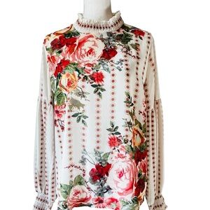 Jealous Tomato Cream Smoked/Ruffled High Neckline Long Sleeve Boho Blouse Sz Lg